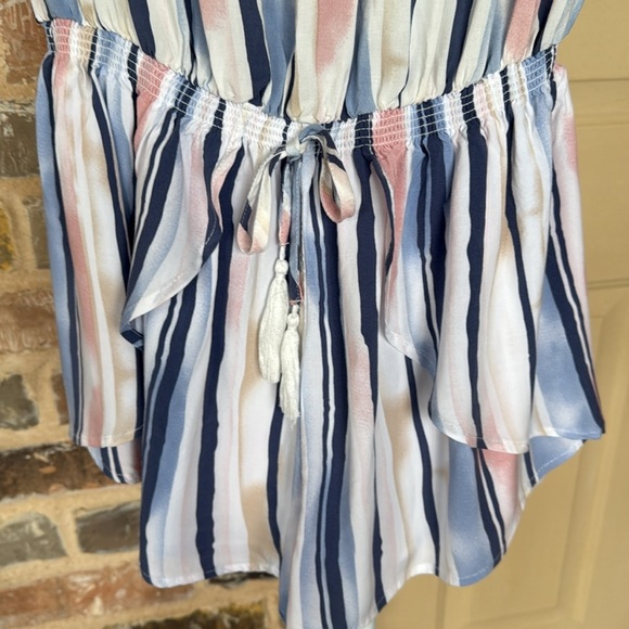 Ocean Drive Blue & Pink Striped Strapless Skort Romper Smocked Waist Tassel Tie - Picture 5 of 12